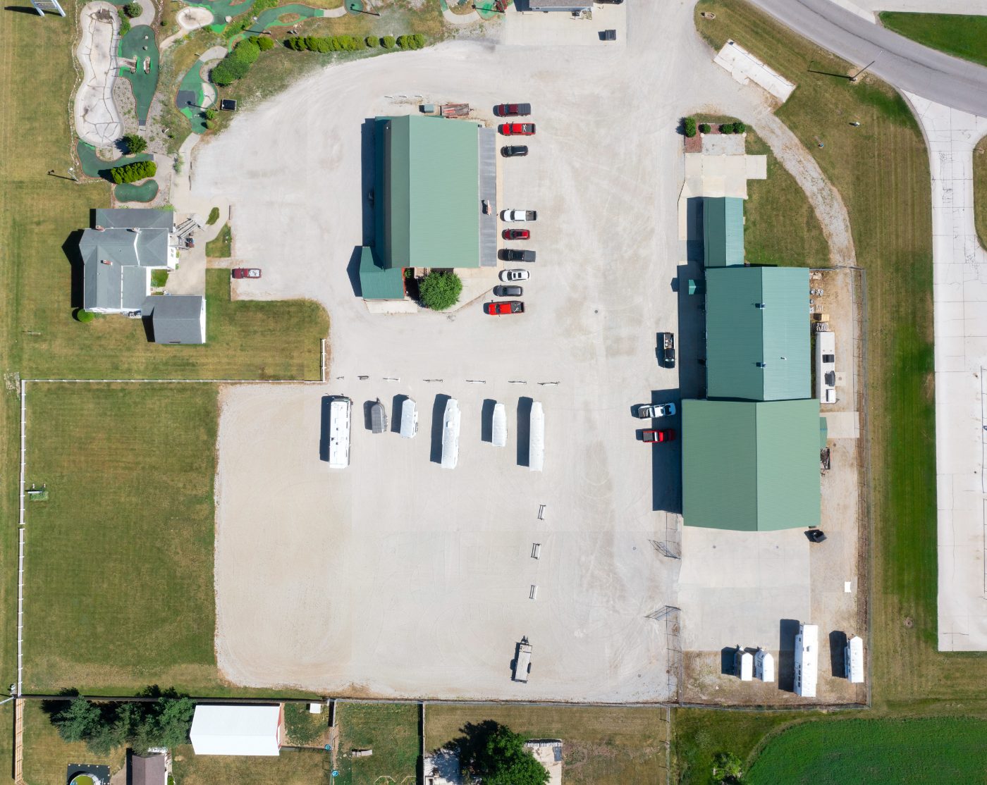Aerial view of a commercial property and lot